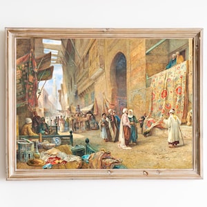 ENVÍO GRATIS - Impresión artística vintage de un mercado callejero en El Cairo - Pintura egipcia del siglo XIX - Pintura de paisaje urbano árabe oriental