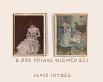 Woman Reading Watercolor Art Print Set – Vintage Pink Portrait