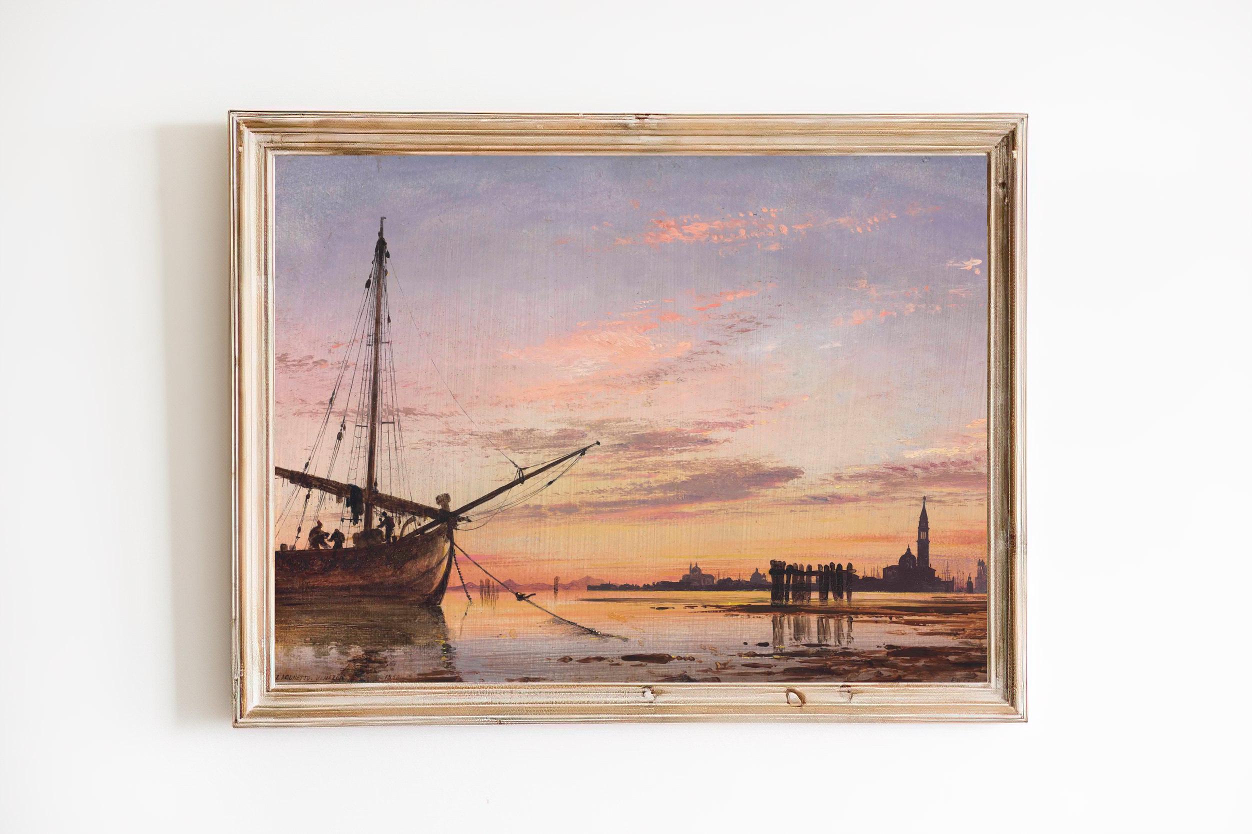 FREE SHIPPING - Ship Arriving In Venice At Sunset Vintage Oil Painting- 19th Century Venice Painting- Pink Clouds Sky Coastal Print