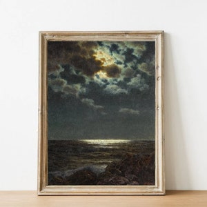 May include: A framed painting depicting a seascape at night, with a full moon shining through dark clouds. The moon's light is reflected on the water, creating a shimmering effect. The painting is in a rustic wooden frame.