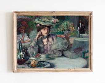 Vintage Lady at Dinner Art Print, Restored 19th Century Painting