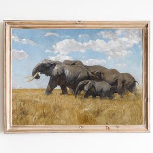 FREE SHIPPING - Elephants Walking In The Wild Vintage Art - African Savanna Landscape Painting - African Elephant Portrait Art