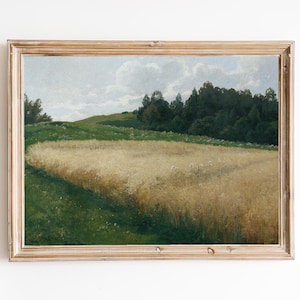 FREE SHIPPING - Vintage Oatfield Landscape Painting - Oat Field In The Valley Art Print - 19th Century Landscape Art