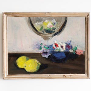 GRATIS VERZENDING - Citroenen en anemonen Vintage Art Print - Fruit en bloemen Stilleven-olieverfschilderij