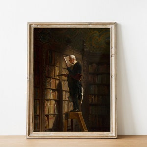 May include: A painting of a man in a library, standing on a ladder and reaching for a book on a high shelf. The library is filled with bookshelves and the man is wearing a dark suit and a white shirt.