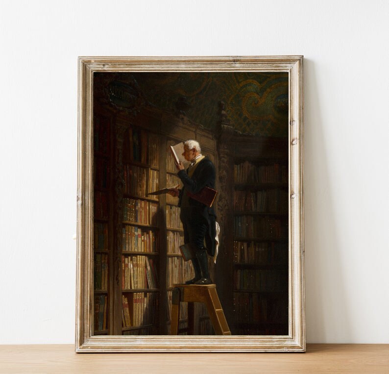 May include: A painting of a man in a library, standing on a ladder and reaching for a book on a high shelf. The library is filled with bookshelves and the man is wearing a dark suit and a white shirt.