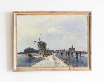 Dutch Windmill Winter River Print – Vintage Ice Skating Scene