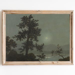ENVÍO GRATIS - Pintura de noche brumosa en el lago - Impresión artística de cielo a la luz de la luna - Arte de pared de noche fría de invierno