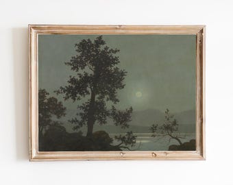 Misty Lake Moonlight Art Print – Restored Vintage Painting
