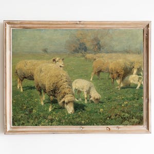 Livraison gratuite / peinture à l'huile vintage troupeau de moutons / impression d'art mural animal mouton / impression d'art animalier champêtre / mouton dans l'art du village