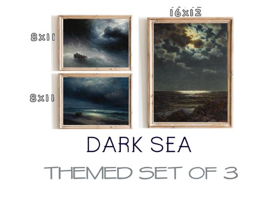 Dark Sea Vintage Painting Set – Ocean Moonlight Art Print