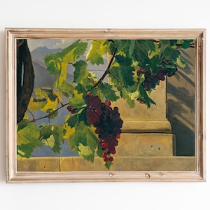 FREE SHIPPING - Vintage Grapes on the Branch Art Print - 19th Century Fruit Painting