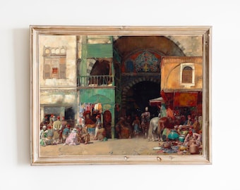 FREE SHIPPING - Istanbul Bazaar Entrance Art Print - Turkish Market Vintage Painting - Istanbul Street Scenery Art