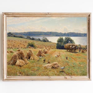 FREE SHIPPING  / Farm Hay Vintage Art Print / Village On The Lake Painting / Farmer Working With Hay Print / Beautiful Countryside Painting