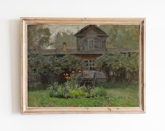 Vintage Cottage Painting Print, Country House and Garden Art