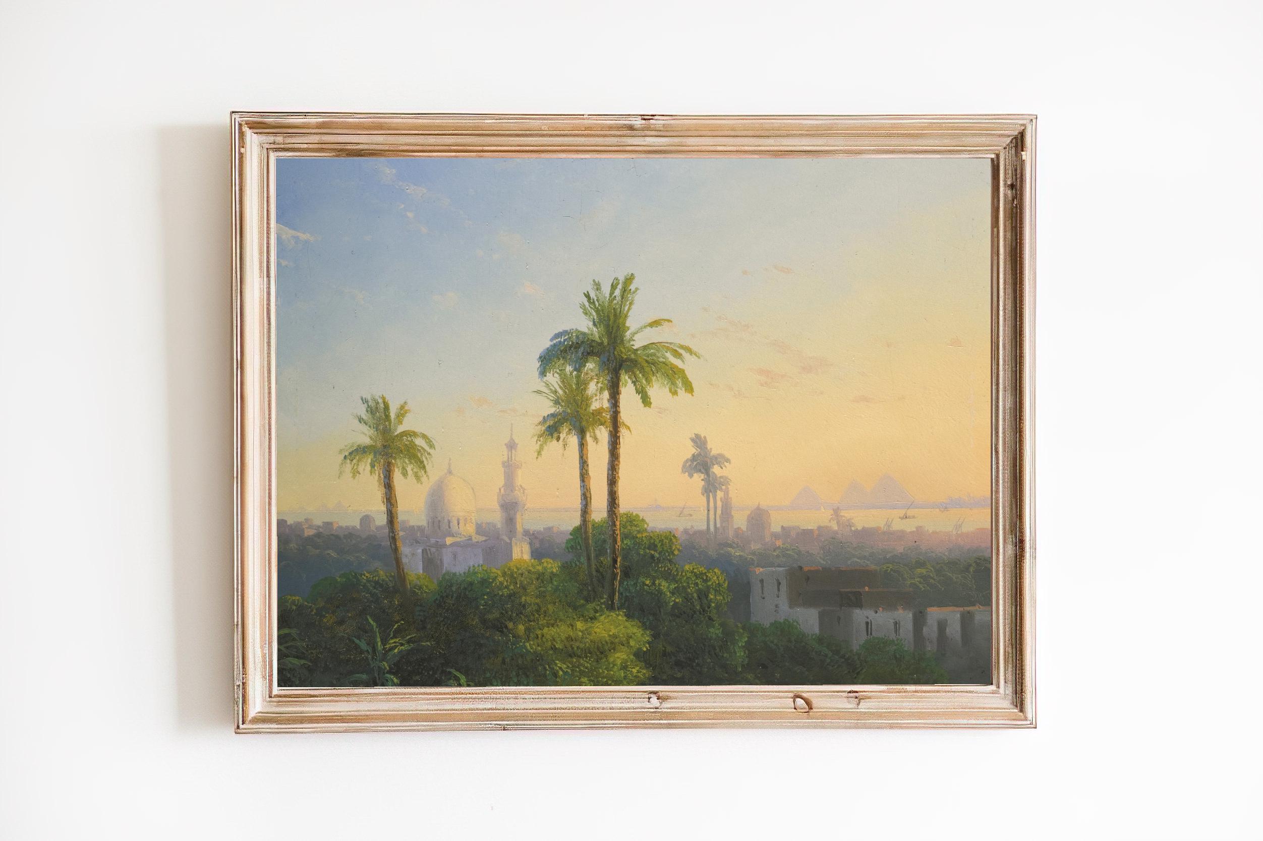 FREE SHIPPING - Egypt Landscape Oil Painting - Pyramids Near Cairo Art Print - Vintage Egyptian Pyramids Art - Palm Trees Art Print