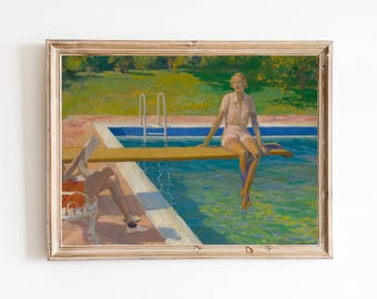 FREE SHIPPING - Girl At The Swimming Pool Art - Pretty Girl Summer Portrait  - Swimming Pool Wall Art Print