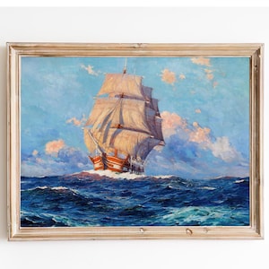 FREE SHIPPING -  Ship on Calm Waters Vintage Art Print - Bright Day at Sea Painting - Antique Seascape Painting