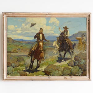 Vintage Western Oil Painting Print – Three Cowboys Riding