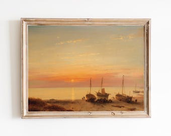 Vintage Sunset Seascape Painting – Beach Art Print