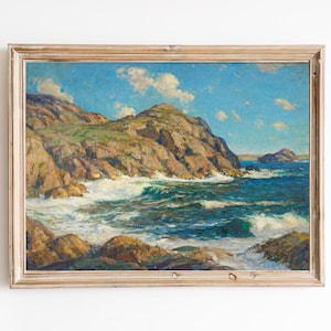FREE SHIPPING  / Seascape Vintage Oil Painting / Rocky Beach Wall Art Print / Beautiful Coastal Art Print  / Sea Waves Vintage Painting