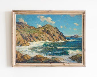 Vintage Seascape Print | Rocky Beach Coastal Painting