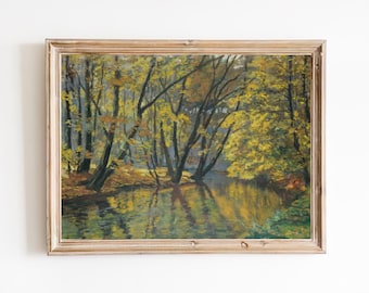 Vintage Autumn River Landscape Print – Yellow Tree Forest Art