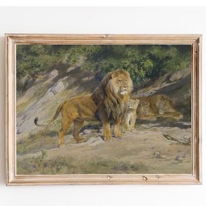 FREE SHIPPING - Vintage Lion Watercolor Painting - Family Of Lions Beautiful Art - Wild Animal Vintage 19th Century Art