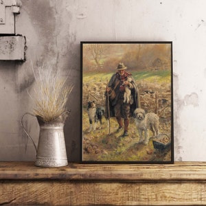 FREE SHIPPING Painting Of An Old Shepherd Holding A Newborn Lamb While His Two Dogs Guard A Flock Of Sheep Vintage Countryside Painting image 3