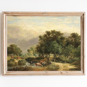 FREE SHIPPING - Cows Relaxing In Small Village River Oil Countryside Painting- Vintage Nature Landscape Painting- Old Countryside Art Print