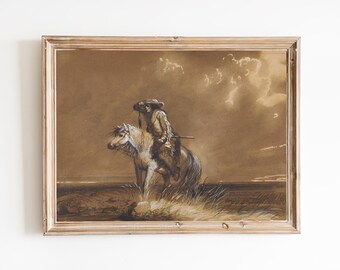 Vintage Western Art Print, Horse Rider Desert Landscape