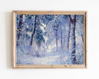 Puede incluir: Una pintura enmarcada de una escena de bosque nevado. Los árboles están cubiertos de una gruesa capa de nieve, y la luz es suave y difusa. La pintura está en un marco de madera clara.