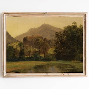 FREE SHIPPING  / Green Mountain Landscape Oil Painting  / Mountain View Green Summer Nature Art Print  / Vintage Landscape Oil Painting
