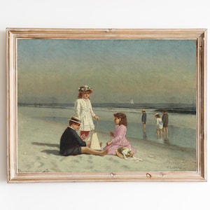 FREE SHIPPING - Children On The Beach Vintage Painting- 19th Century Painting Of Kids Playing On The Sand Beach- Vintage Children Portrait