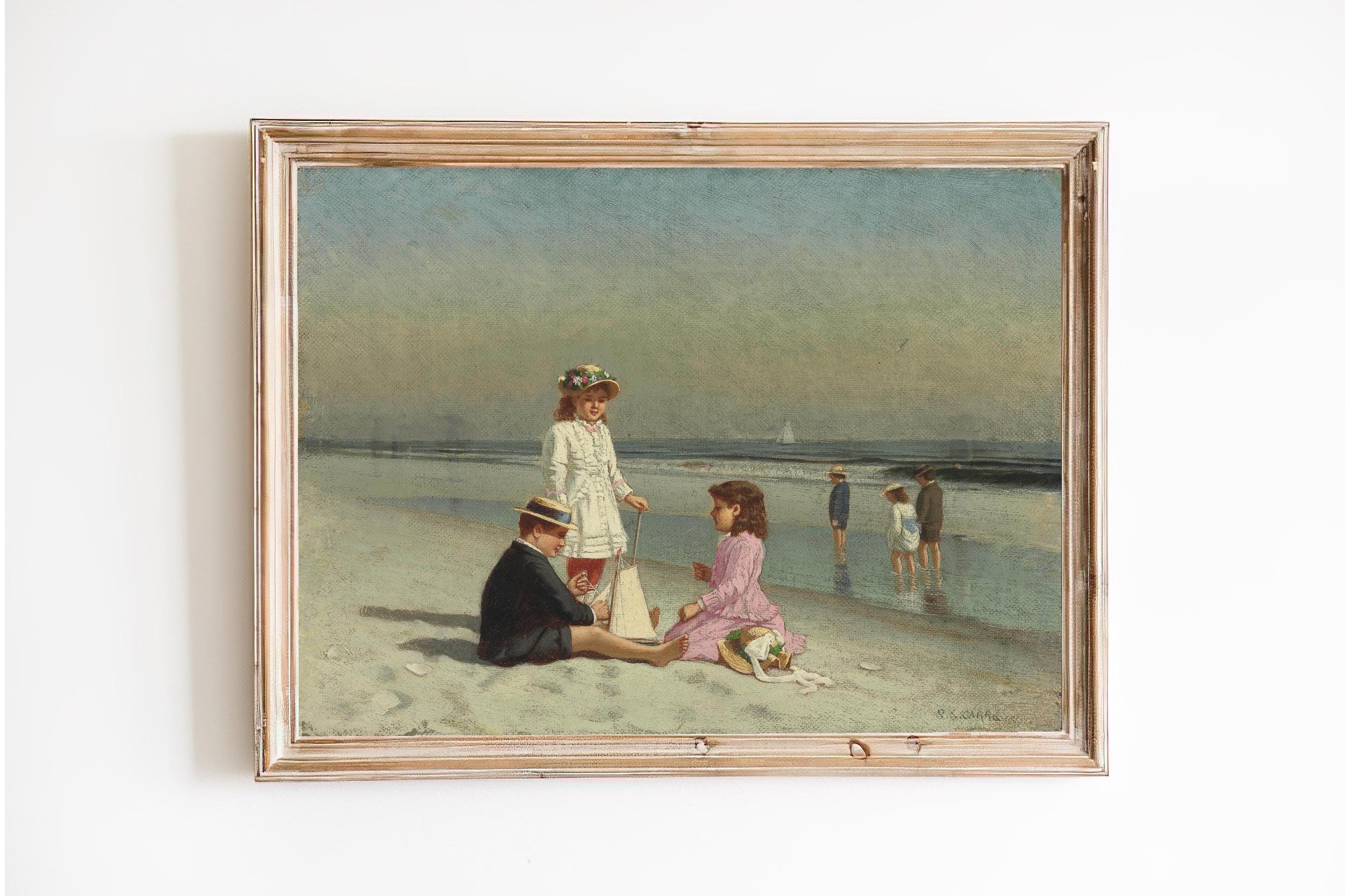 FREE SHIPPING - Children On The Beach Vintage Painting- 19th Century Painting Of Kids Playing On The Sand Beach- Vintage Children Portrait