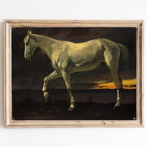 Livraison gratuite - peinture vintage cheval blanc au coucher du soleil - art réalisme beau cheval blanc - art mural cheval blanc
