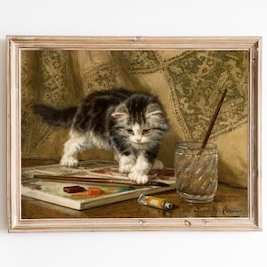 FREE SHIPPING - Small Kitten Playing With Colors Art - Vintage Kitten Oil Painting - Beautiful Pet Cat Portrait
