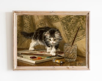 キティオリジナル油絵風景の中の子猫ミニ絵画ヴィンテージ猫アート動物