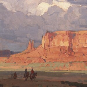 May include: A painting of a desert landscape with a large red rock formation in the background. Three figures on horseback are riding across a green field in the foreground. The sky is overcast with gray clouds.