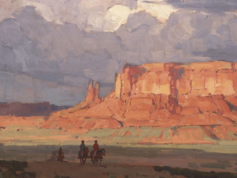 May include: A painting of a desert landscape with a large red rock formation in the background. Three figures on horseback are riding across a green field in the foreground. The sky is overcast with gray clouds.