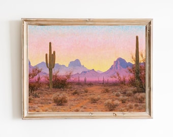 FREE SHIPPING - Sunset In The Desert Art Print - Vintage Arizona Cactus At Sunset Art - Vintage American Landscape Painting Print