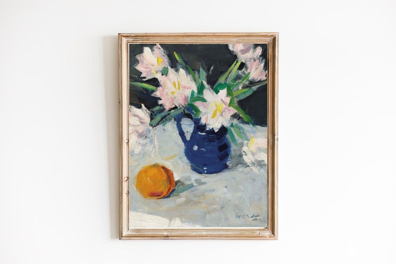 FREE SHIPPING White Flowers Blue Vase and an Orange Still Life Vintage Painting 19th Century Painting Kitchen Flowery Wall Art Print image 1