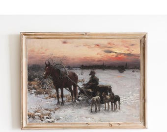 Pferde Schlitten und Hunde Winter Dusk Druck (16x12 A3)