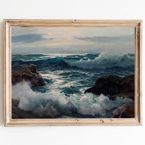 ENVÍO GRATIS - Pintura al óleo de olas del océano en movimiento - Impresión artística de costa rocosa - Pintura de paisaje marino vintage