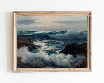 Restored Vintage Ocean Waves Art Print – Rocky Coast Seascape