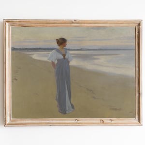送料無料 - 夕暮れ時のビーチウォークのアートプリント - サマードレスを着た女性の肖像画