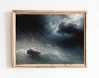 FREE SHIPPING - Ocean Storm Painting - Rowing In The Rough Seas Art Print - Storm Sky 19th Century Painting