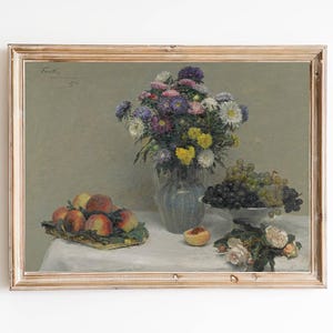 SPEDIZIONE GRATUITA - Fiori e frutta Pittura vintage - Natura morta Pittura a olio - Stampa artistica di pesche e uva