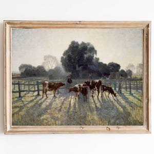 FREE SHIPPING - Spring Frost On The Countryside Vintage Art Print - Cows On The Farm Oil Painting Print - Early Spring Country Landscape Art