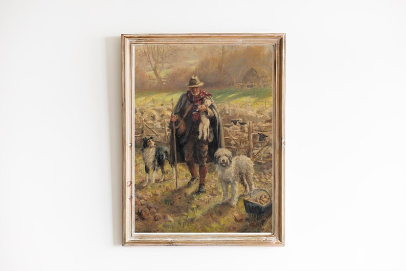 FREE SHIPPING Painting Of An Old Shepherd Holding A Newborn Lamb While His Two Dogs Guard A Flock Of Sheep Vintage Countryside Painting image 1